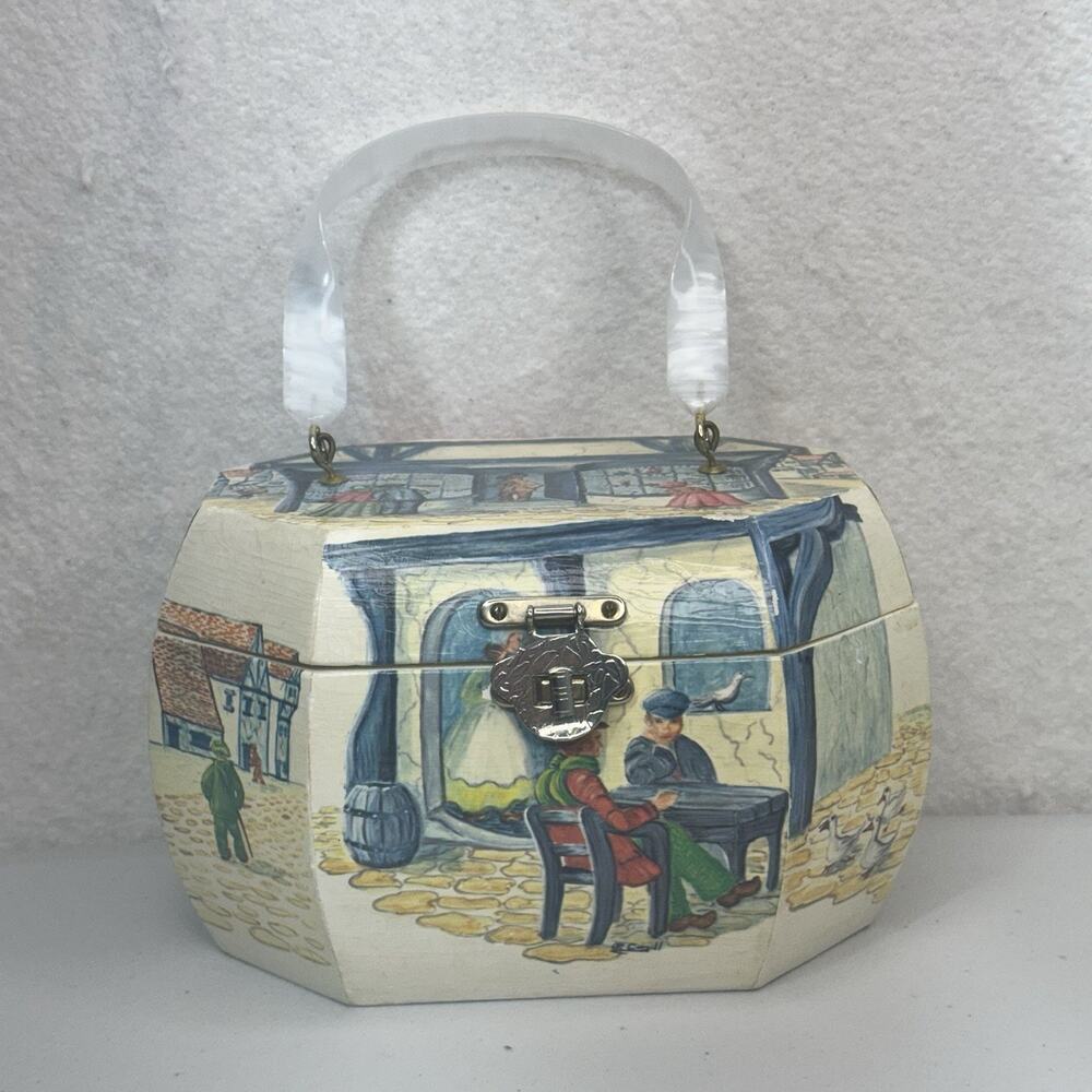 Octagon Wooden Decoupage Box Purse Cargill Victorian Cityscape Market Scene VTG